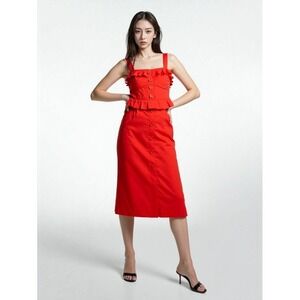 Sea New York Midi Dress‎ Women Sz 2 Red Ruffle Corset Coquette Button Front